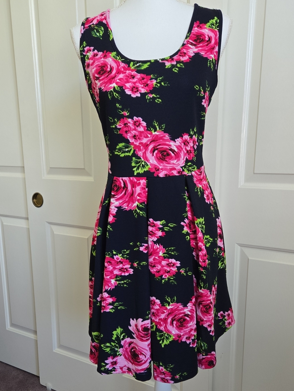 White Mark Black Skater Mini Dress Pink Rose Floral Print L